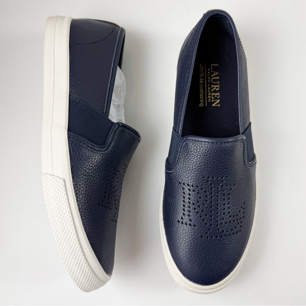 Lauren Ralph Lauren Jarrett Leather Slip On Sneakers Womens 6B Navy Blue NEW